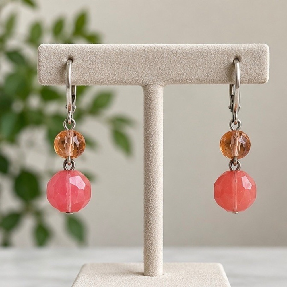 Faceted Pink and Amber Bead Drop Earrings Silver Tone Lever Back